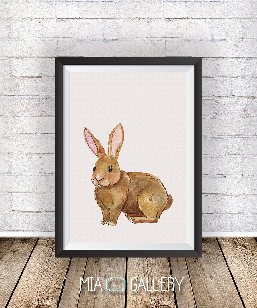 Bunny rabbit wall art print Nursery Woodlands by Miagalleryart