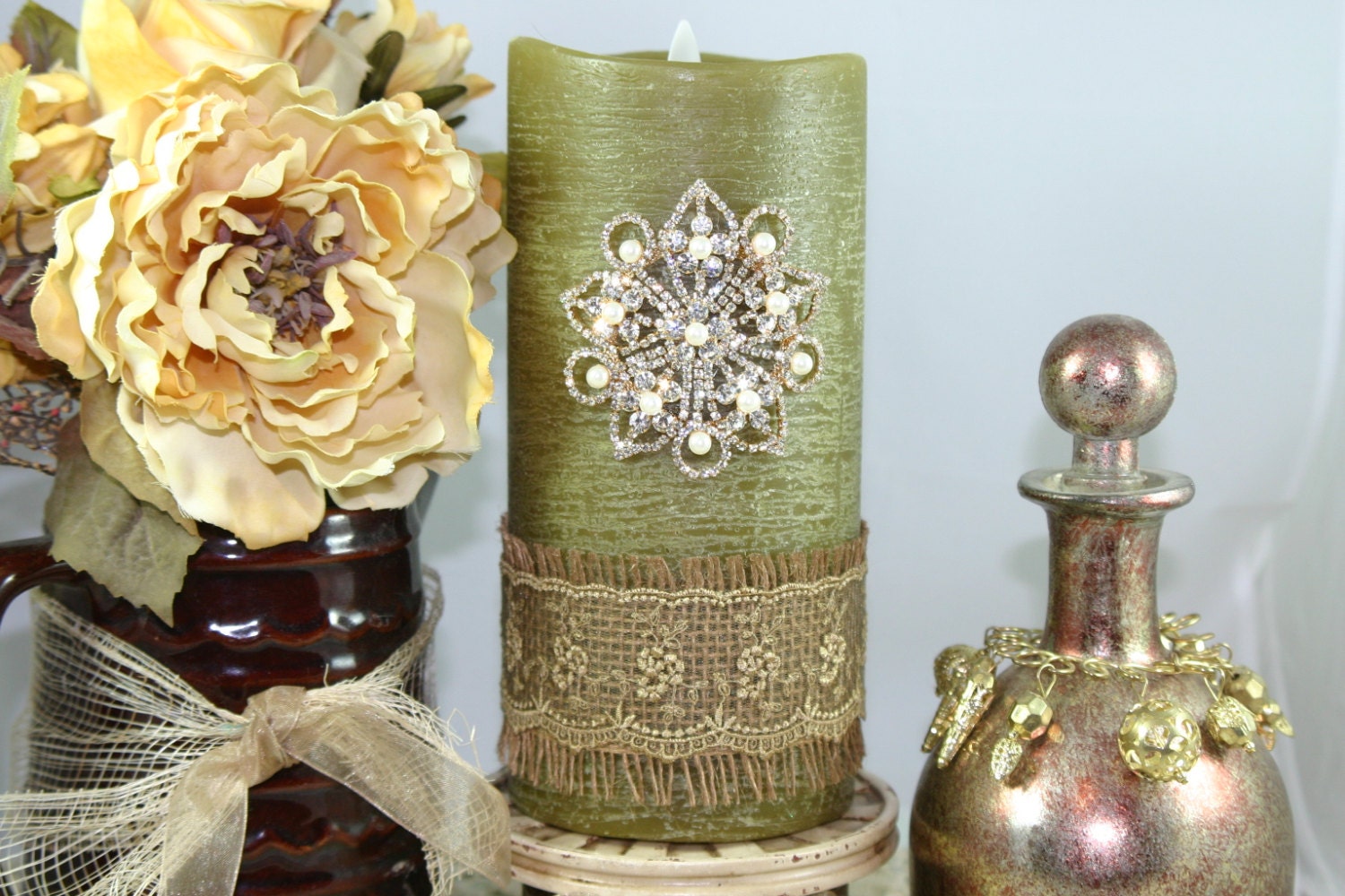 Rustic Luminara Flameless Candle 4x9 Sage by RusticandLaceDesigns