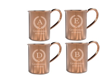 Set of 4 Custom Etched Copper Moscow Mule Groomsmen Mugs, Custom Engraved Wedding Mugs, Groomsmen Copper Mugs, Monogrammed Copper Mug