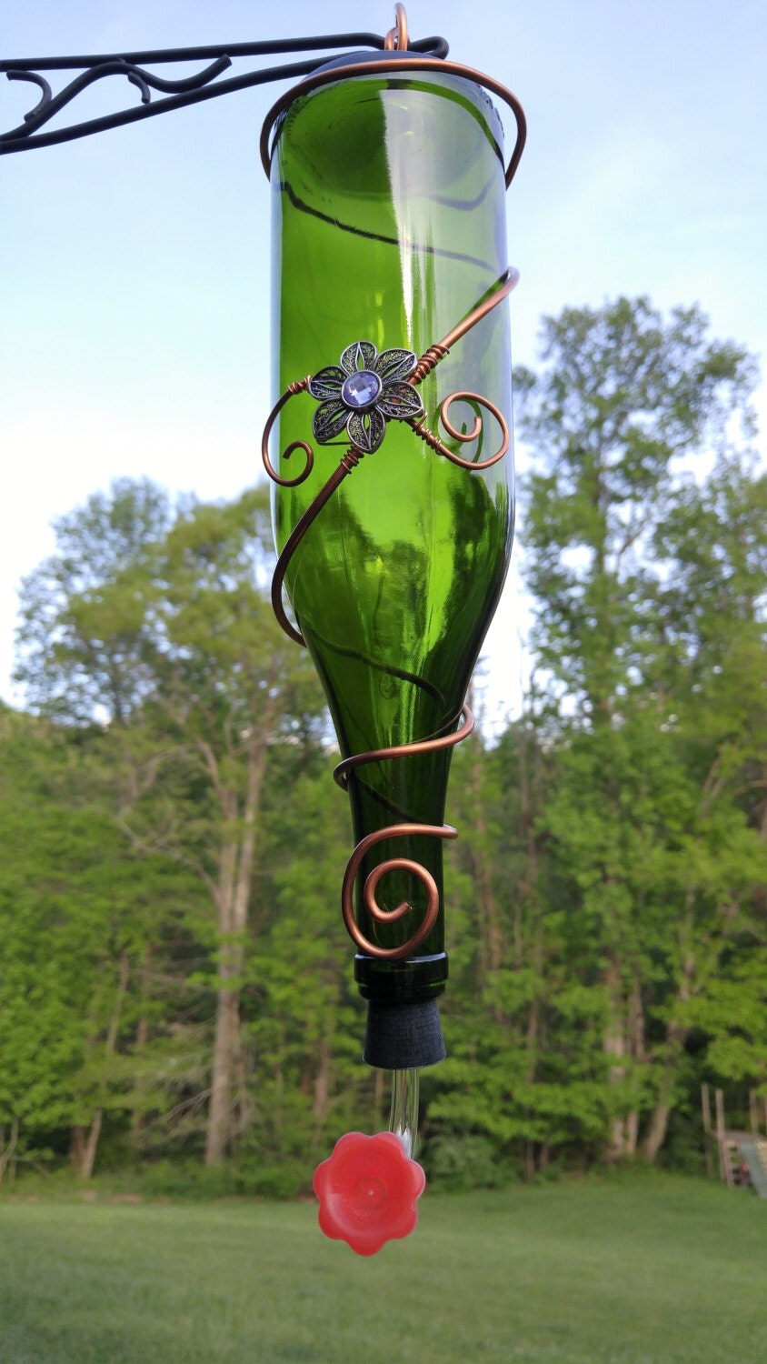 Glass Wine Bottle Hummingbird Feeder Emerald Green Recycled