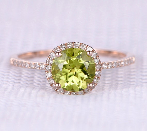 Peridot Engagement Ring 14k Rose Gold 7mm Round Cut Gem Stone
