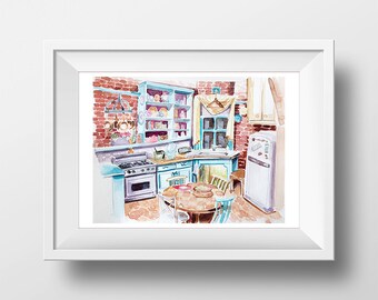 Wall Art Friends TV Show Monica's Apartment Kitchen Watercolor Print,90s Sitcom,Central Perk,Monica Chandler Ross Rachel Joey Phoebe,Print
