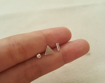 Single Set of Geometric Earrings - Geometric Stud Earrings - Silver Earrings - Tiny Stud Earring - Everyday Earrings - Earrings Set