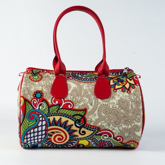 Floral Print Bag Bright Red Handbag Women Designer Handbag