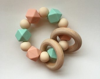 Mint, Peachy and Navajo Silicone Teething Ring with Wooden Ring