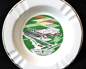 Ceramic Ashtray G.E. General Electric Plant in Bloomington, Illinois Gold Rim