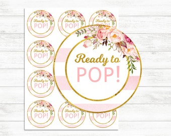 Printable Ready to pop stickers Pink and Gold, Ready to pop tags, Label, INSTANT DOWNLOAD, printable Stickers, Floral Gold Baby shower Girl