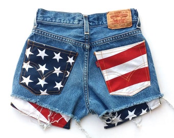 Levis Vintage High Waisted Cut off Jean Shorts American Flag Patched Shorts, Patriotic 4th of July, Stars and Stripes, Team USA Shorts