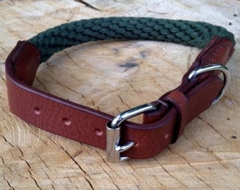 Hand Made Soft Leather / Rope Dog Collar Strong Green