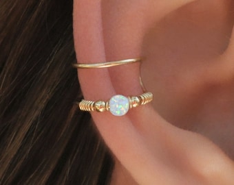 DOUBLE WRAP CUFF, White Opal Ear Cuff, Ear Cuff, Fake Piercing, No Piercing, Double Cuff, Cartilage Cuff, Cuff