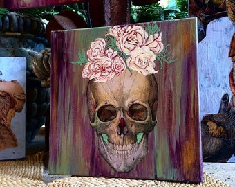 Frieda Kahlo Skull ART Mixed Media Painting 12" x 12"