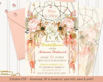 Tribal Boho Dream Catcher Invitation | Peaches N Cream Feathers Crystals Roses | Editable PDF Digital Instant Download
