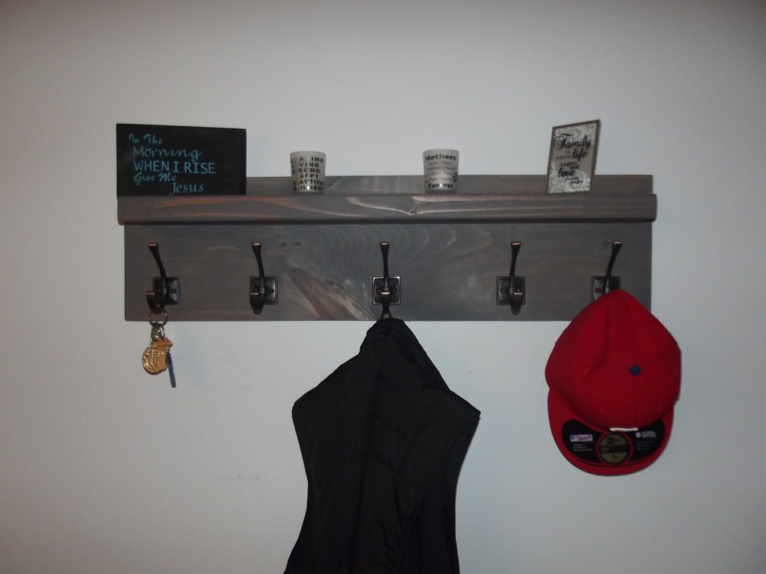 Rustic Modern Wood shelf coat/key hangers by RedeemedCreationsJCL
