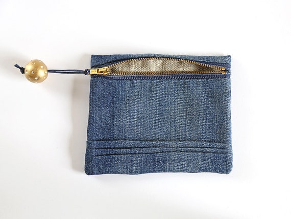 Upcycled denim small zippered Pouch Jeans zipper bag Fabric