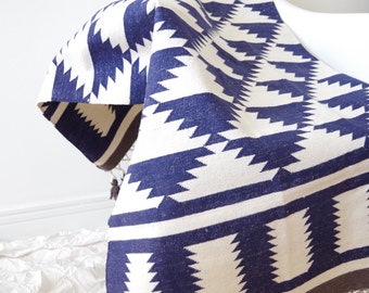 Handwoven navy and off-white rug with tassles and triangle pattern (dhurrie) - Custom size & colors available