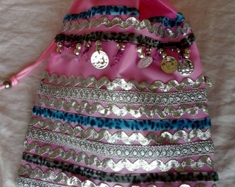 Boho wrist bag, Pink colorful strings beach/ ballet bag