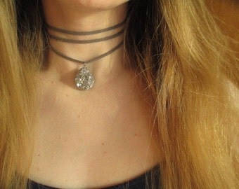 Double wrap choker, Druzy choker, Triple wrap gray leather druzy pendant choker necklace