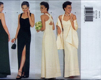 Sewing Pattern Butterick 6463 Womens Lined Evening Dress Prom Gown with Stole Side Slit Sz. 12-14-16 Uncut