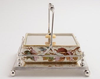 Victorian Oblong hand painted & silver plated butter dish. (ID 47014)