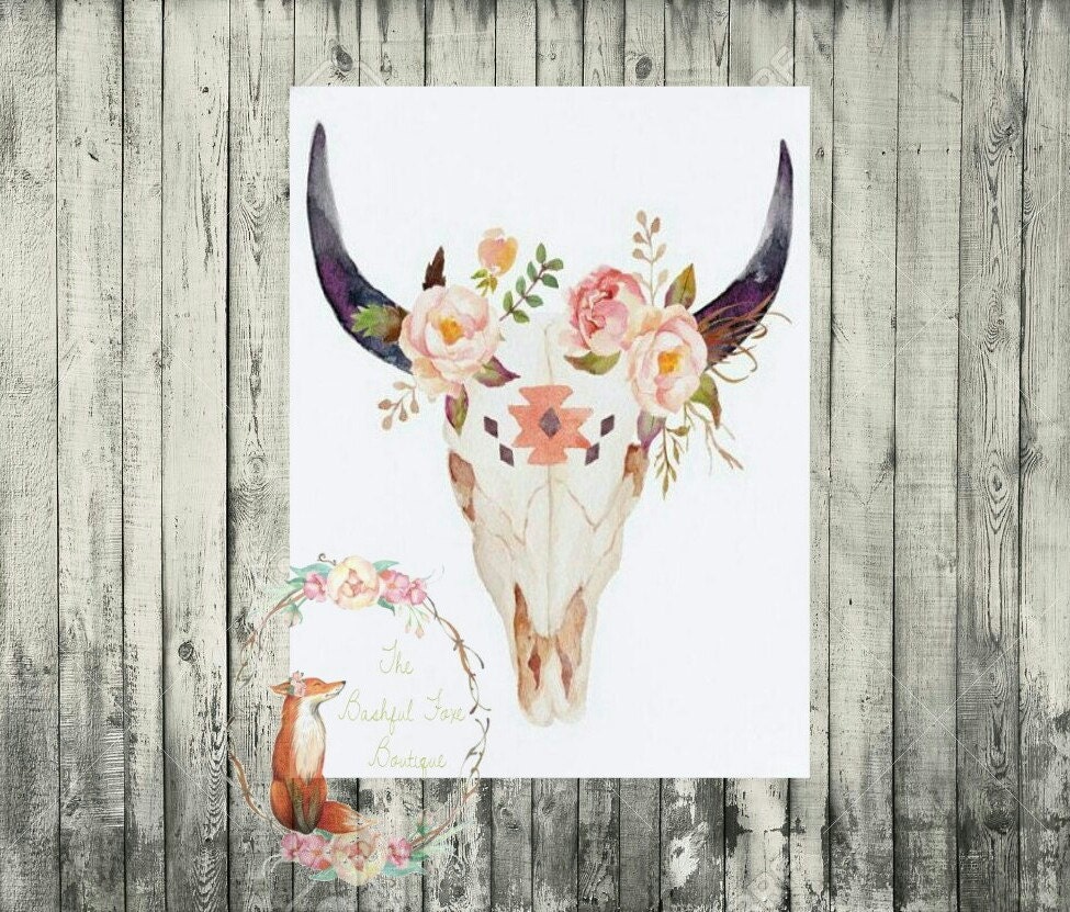 Cow Skull with rose crown PRINT by BashfulFoxeBoutique on Etsy