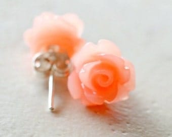Coral Rose Earrings, Simple Flower Earrings, Dark Peach Flower Stud Earrings Coral Colored Jewelry Tropical Jewelry Coral Earrings The Rosie