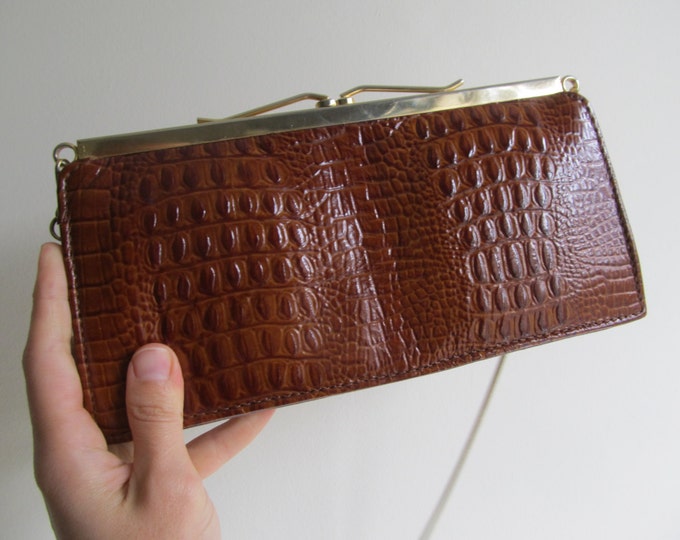 vintage faux croc shoulder bag, autumnal fashion statement, clutch purse evening bag