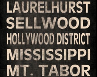Portland Neighborhood Typography Canvas Panel; One 8x20" Hand-Stretched Canvas