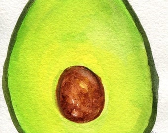 Avocado Painting watercolor 4 x 6 Original , SharonFosterArt Farmhouse Decor