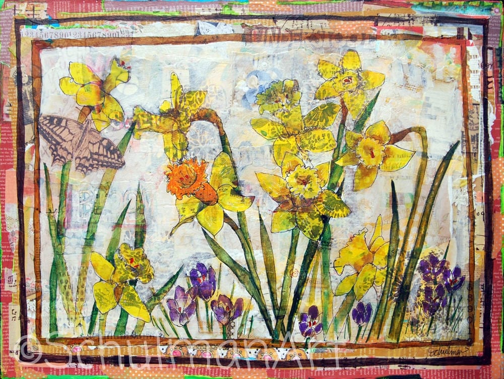 collage art ORIGINAL flower painting CANVAS art mixed