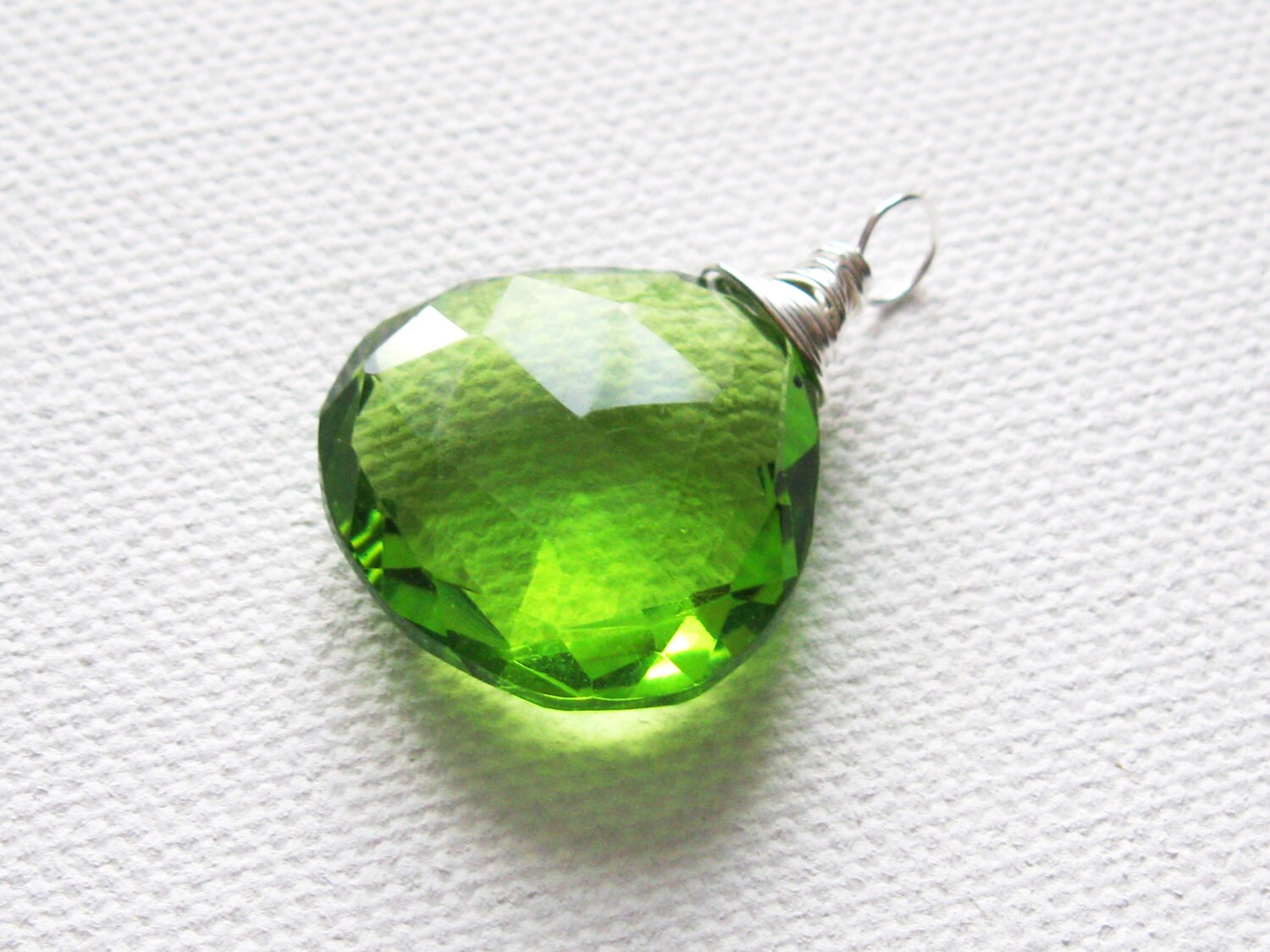 Lime Green Quartz Pendant. Quartz Heart Cut Briolette