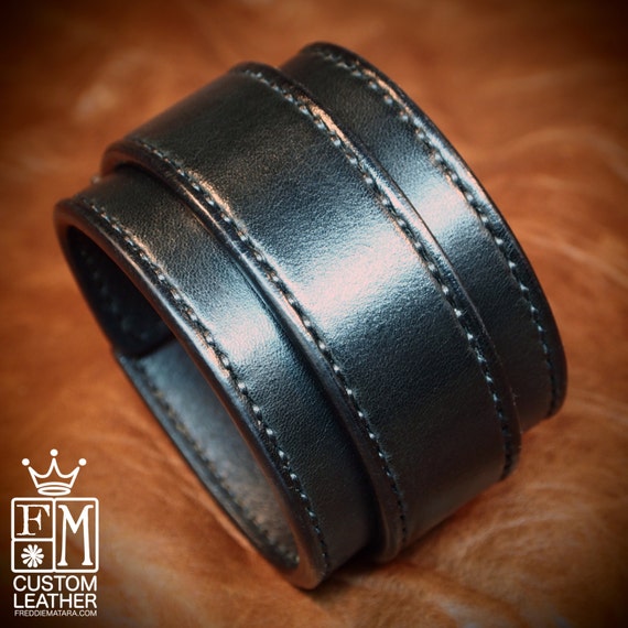 Leather cuff bracelet Black bridle leather Fine handworked wristband Hand stitched and made for you in Brooklyn NYC by Freddie Matara
