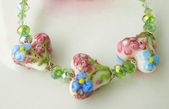 Artisan Lampwork Bracelet Floral Hearts Swarovski Crystals Peridot Crystals