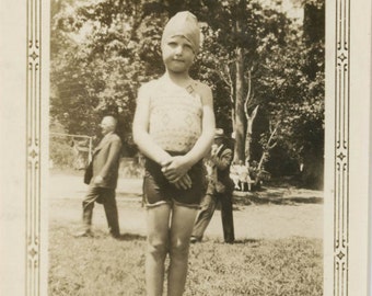 vintage photo 1930s Little Girl in Her Swimsuit and Cap