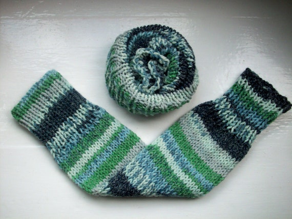 Chunky warm leg warmers multi striped Fair Isle effect knit wool cotton mix blue green grey