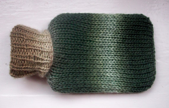 Small hot water bottle and hand knitted knit cozy cover warm wool brown, beige, sage green