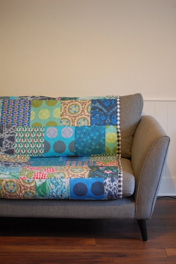 Contemporary patchwork sofa throw blue tiles by donnarule on Etsy