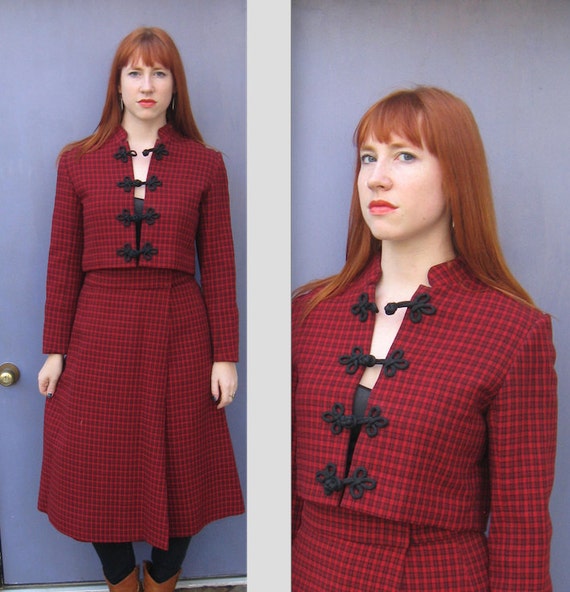 Russian Princess Suit . Red Plaid Suit . High Waisted Skirt