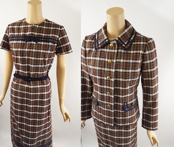 Vintage Dress and Jacket Brown Plaid Seersucker with Navy Blue