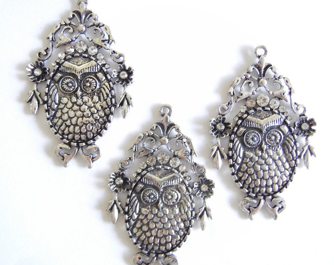 Set of 3 Large Owl Bird Pendants Antique Silver-tone Rhinestone