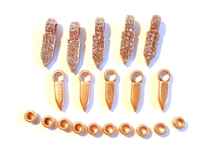 Set of Spiked Gold-tone Charms Rhinestones and Beads