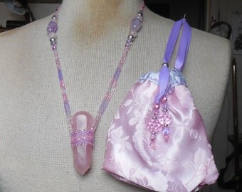 Beaded Rose Quartz Crystal Point Massage Wand Necklace with Rose Quartz Amethyst Semiprecious Stone Gemstone Beads Extra Large Size