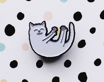 Cat Enamel Pin - cute white cat on black nickel pin back