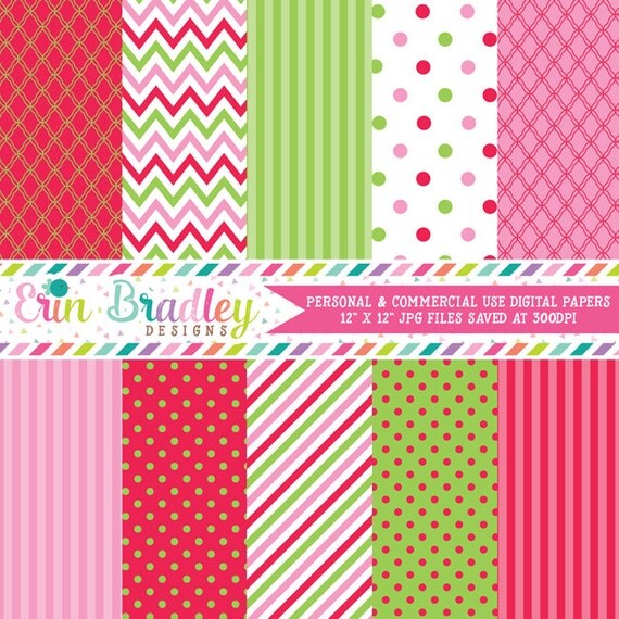 Christmas Holiday Digital Paper Pack Pink Green & Red Commercial Use Instant Download Il_570xn