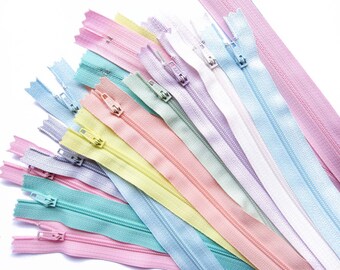 YKK Zippers in Assorted Pastel Colors Set of 18 Pastel Colors Zippers - 6" 9" 10" 12" 14" 16" 20" 22" Inch