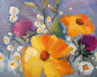 Original Flower Oil Painting, Impressionist Floral, Daisy Painting, 6x8" Small Oil Painting by Carol Schiff