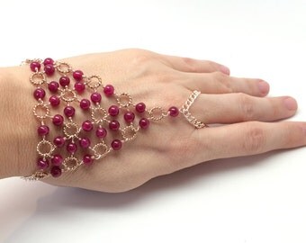Candy Jade Beadmail Slave Bracelet - Magenta Jade Beads on Rose Gold Wire and Chain