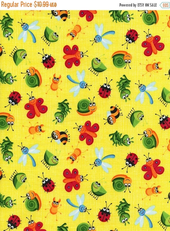 On Sale Yellow Mini Happy Bugs Fabric By Quiltsfabricandmore