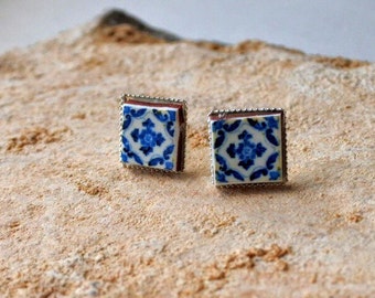 Portugal Blue Antique Azulejo Tile 925 SILVER Post Stud Earrings from Ovar (see photo of actual facade) Gift Box Included 621 S