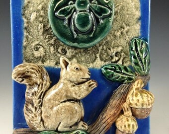 Ceramic Art Tile, Ceramic Tile, Squirrel with Acorns and Bee