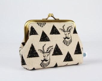 Metal frame purse - Impala in black - Deep dad / Echino japanese fabric / Boho modern / antalope moustache / geometric triangles / silver